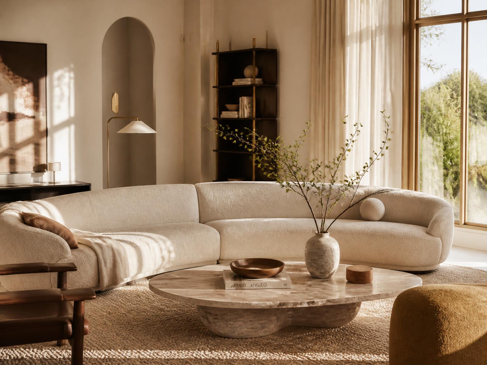 Sunlit living room with curved bouclé sofa and travertine table